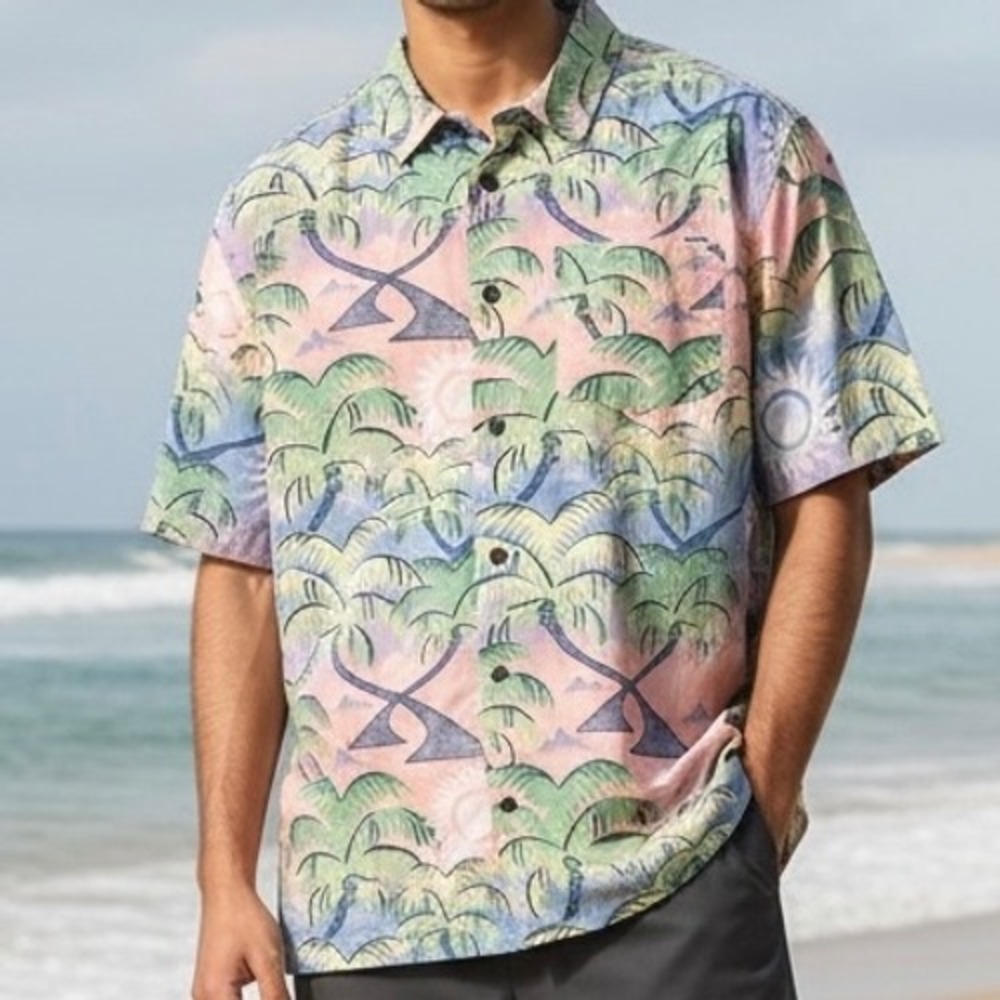 Hurley NWT Mens XL Tropical Palm Tree Button Up Shirt Pink Blue Sunset Island